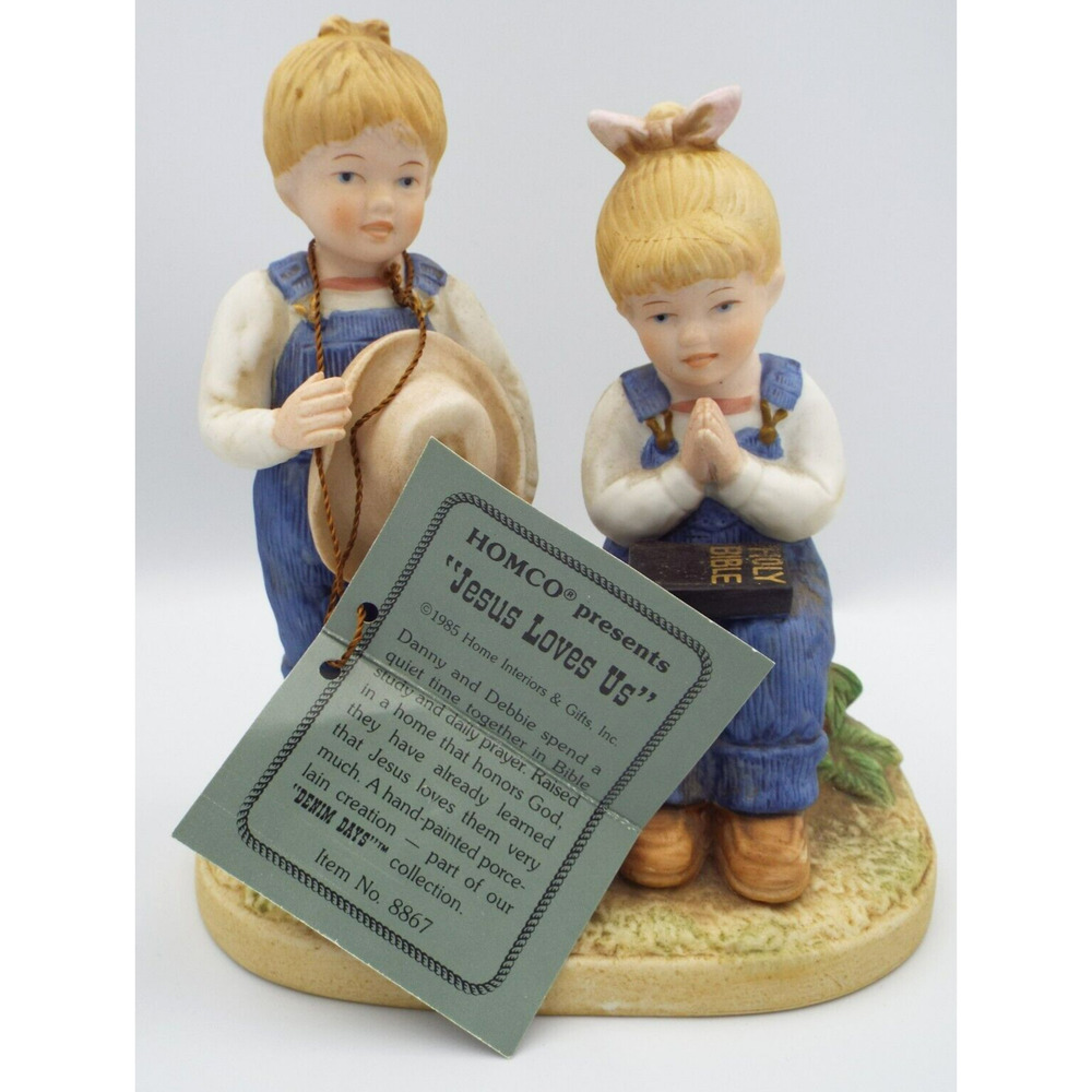 HOME INTERIORS 1985 Denim Days JESUS LOVES US #8867 Porcelain Figurine